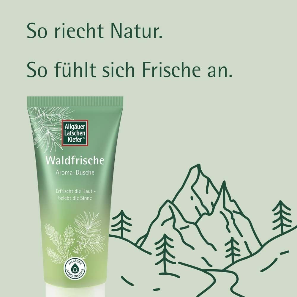 Grüne Tube. Aufschrift: Waldfrische Aroma-Dusche. Text: So riecht Natur. Berge im Hintergrund. Siegel.