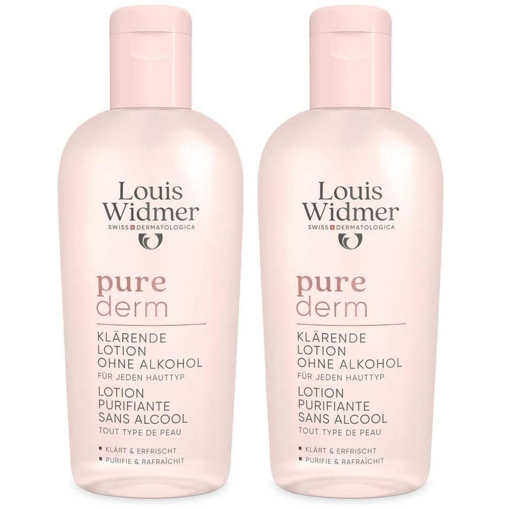 Zwei Flaschen Louis Widmer purederm klärende Lotion ohne Alkohol. Rosa Flaschen mit weißem Etikett und rosa Verschluss.