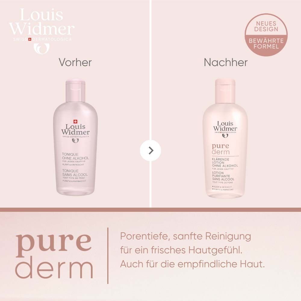 Vorher-Nachher-Vergleich: Flasche Louis Widmer Tonique, dann Flasche Louis Widmer purederm. Text: Neues Design, bewährte Formel.