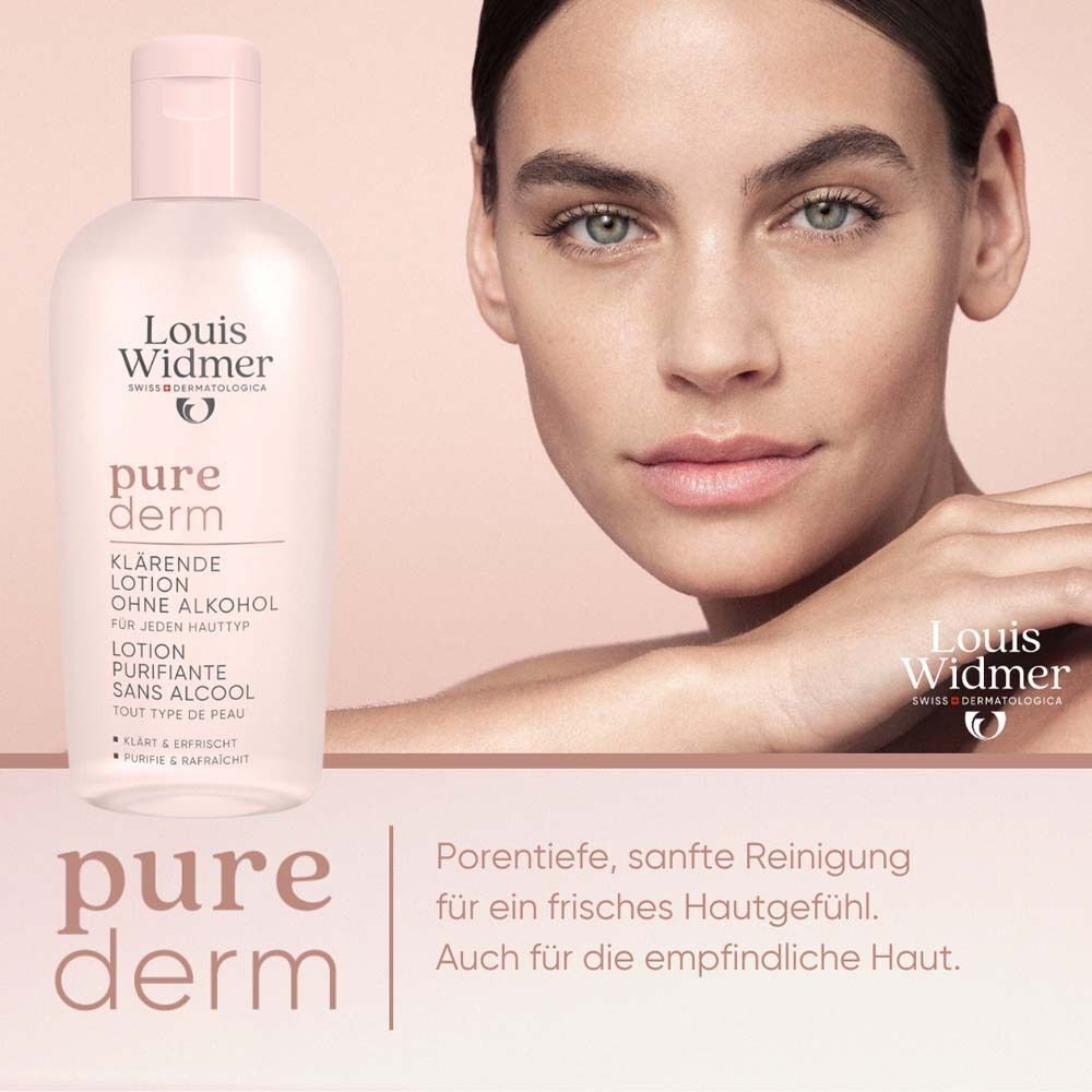 Eine Flasche Louis Widmer purederm klärende Lotion ohne Alkohol. Frau mit Haut im Hintergrund. Text: Porentiefe, sanfte Reinigung.