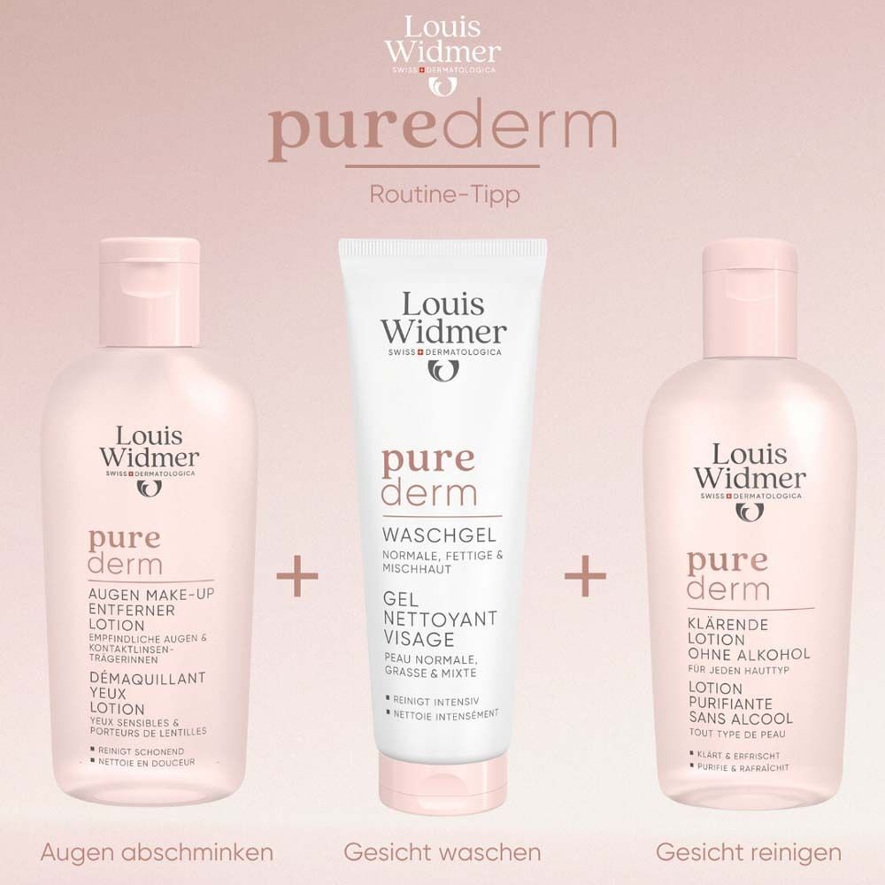 Drei Produkte: Louis Widmer purederm Augen Make-up Entferner, Waschgel, und klärende Lotion. Text: Augen abschminken, Gesicht waschen, reinigen.