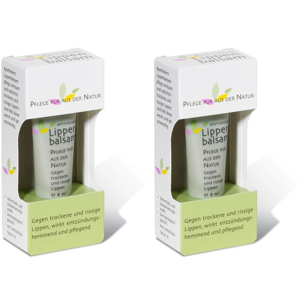 Zwei Lippenbalsam-Tuben in weißer Verpackung. Aufschrift: Lippenbalsam, Pflege pur aus der Natur. Gegen trockene und rissige Lippen.