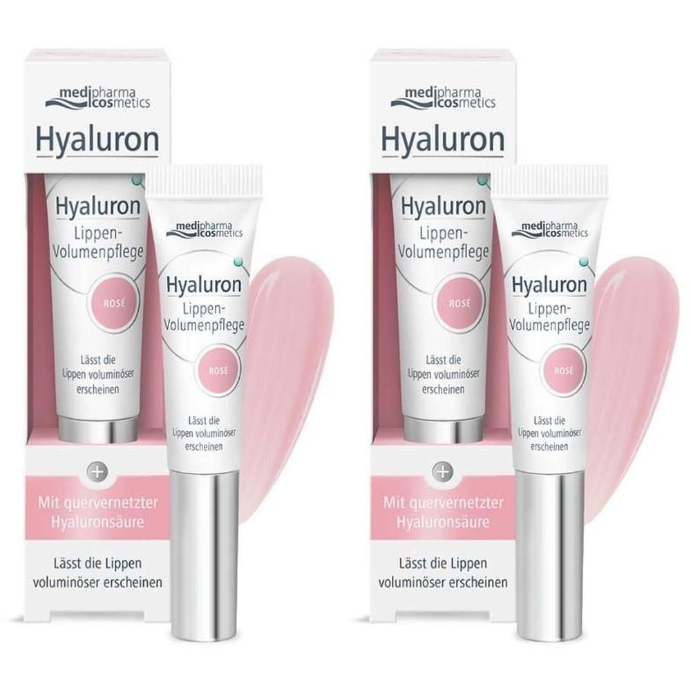 Zwei Lippenbalsam-Tuben mit Verpackung. Aufschrift: Hyaluron Lippen-Volumenpflege. Rosa Farbton. Mit quervernetzter Hyaluronsäure.