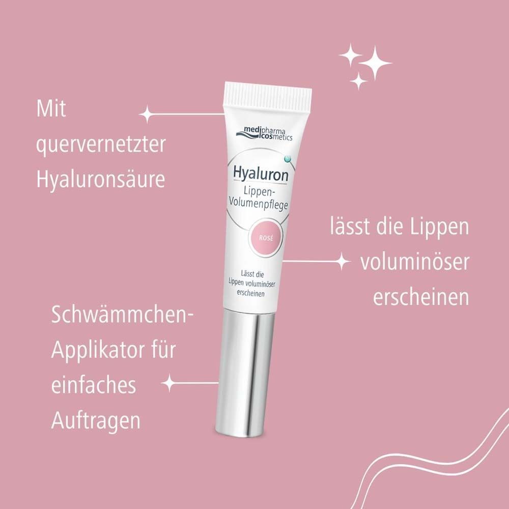 Lippenbalsam-Tube mit Schwämmchen-Applikator. Text: Hyaluron Lippen-Volumenpflege. Mit quervernetzter Hyaluronsäure. Rosa Farbton.