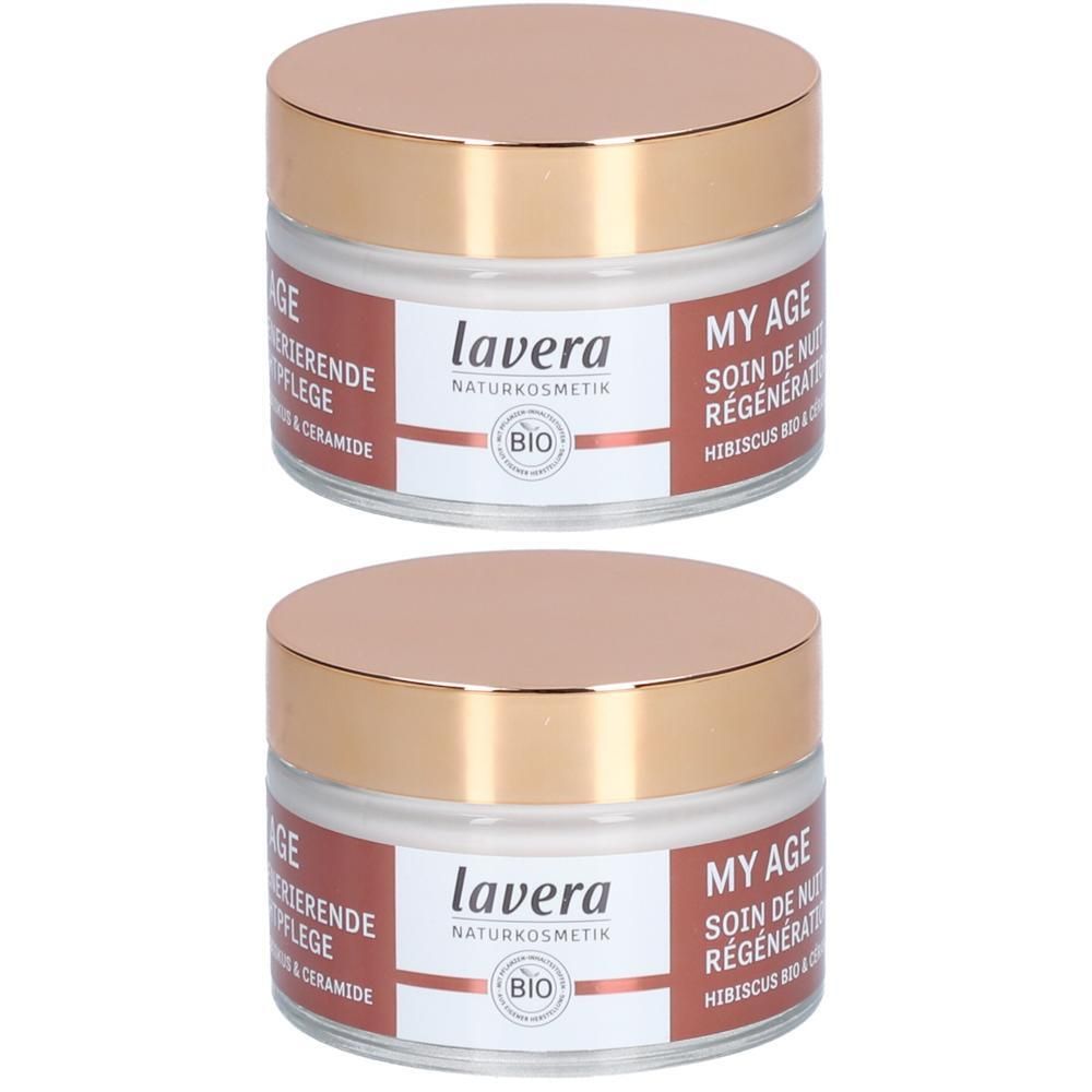 Zwei Cremetiegel mit goldfarbenen Deckeln. Auf den Etiketten steht "lavera", "MY AGE" und "BIO".