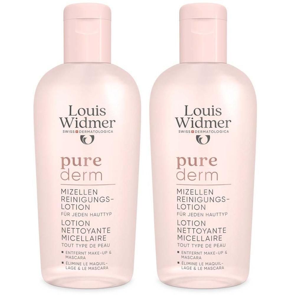 Zwei Flaschen Mizellen Reinigungslotion. Rosa Flaschen mit Klappverschluss. Aufschrift: Louis Widmer, pure derm, Mizellen Reinigungslotion.