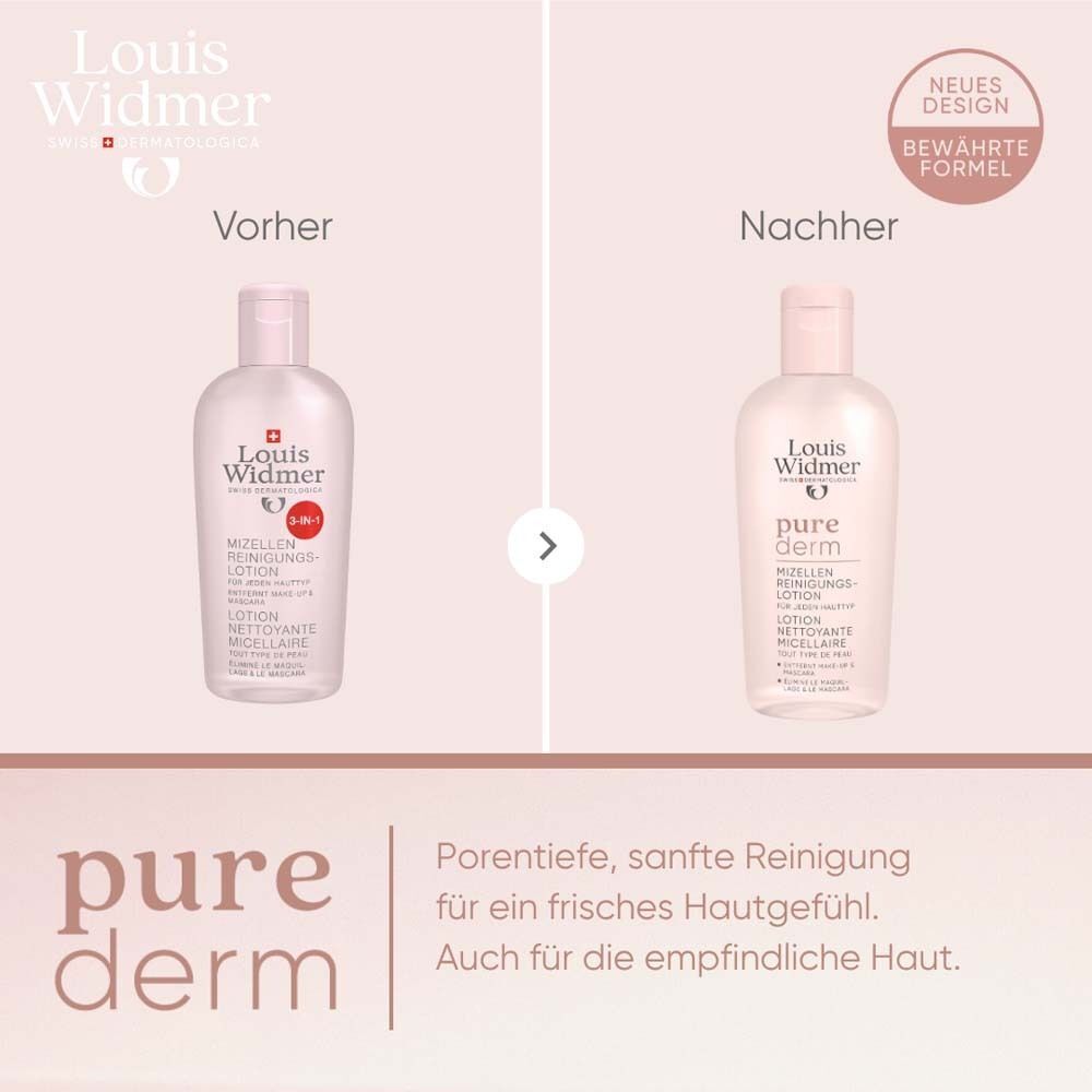 Vergleich Vorher/Nachher. Links: älteres Flaschendesign. Rechts: neues Flaschendesign. Text: Porentiefe, sanfte Reinigung für ein frisches Hautgefühl.
