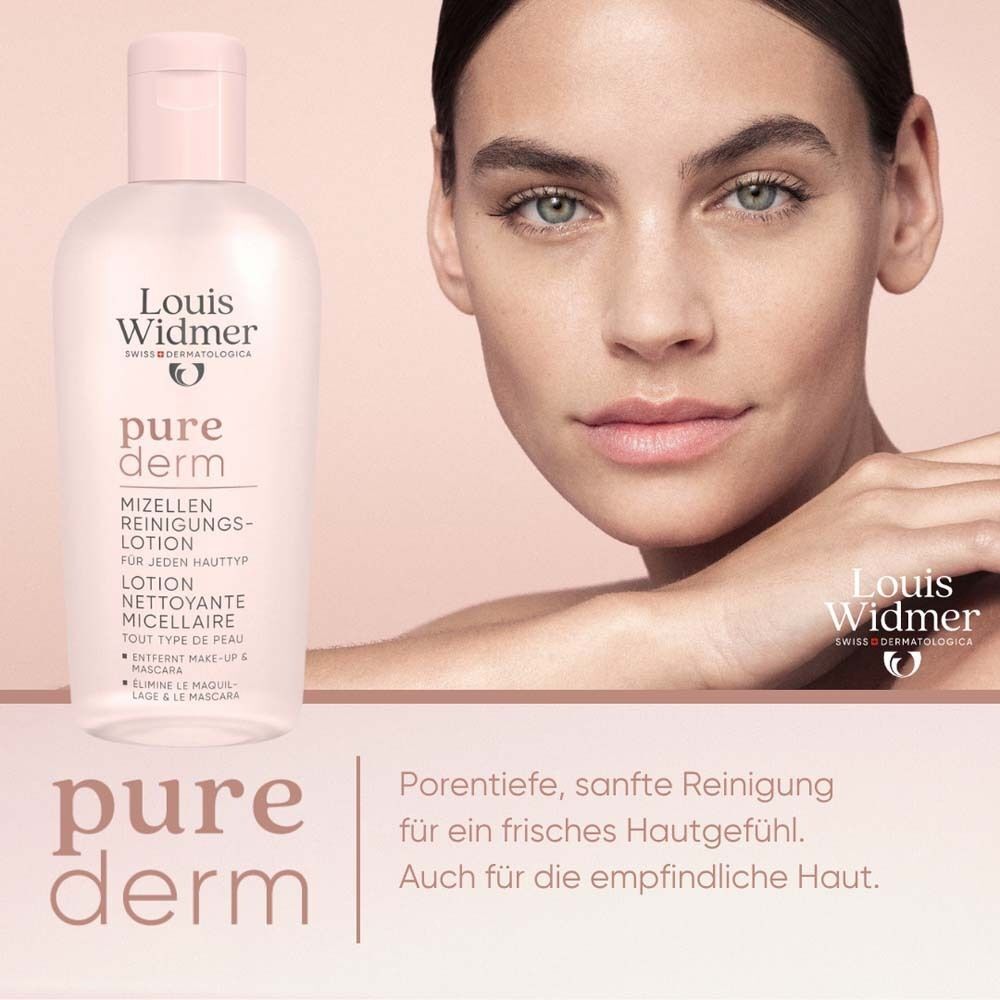 Frau mit Gesicht. Daneben Flasche Mizellen Reinigungslotion. Aufschrift: Louis Widmer, pure derm, Mizellen Reinigungslotion.