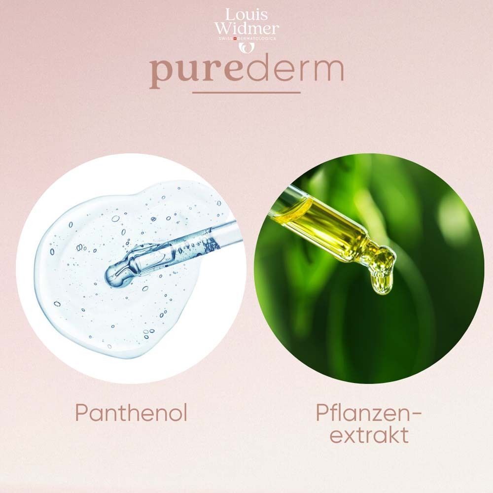 Zwei Abbildungen. Links: Panthenol mit Pipette. Rechts: Pflanzenextrakt mit Pipette. Text: Panthenol, Pflanzenextrakt.