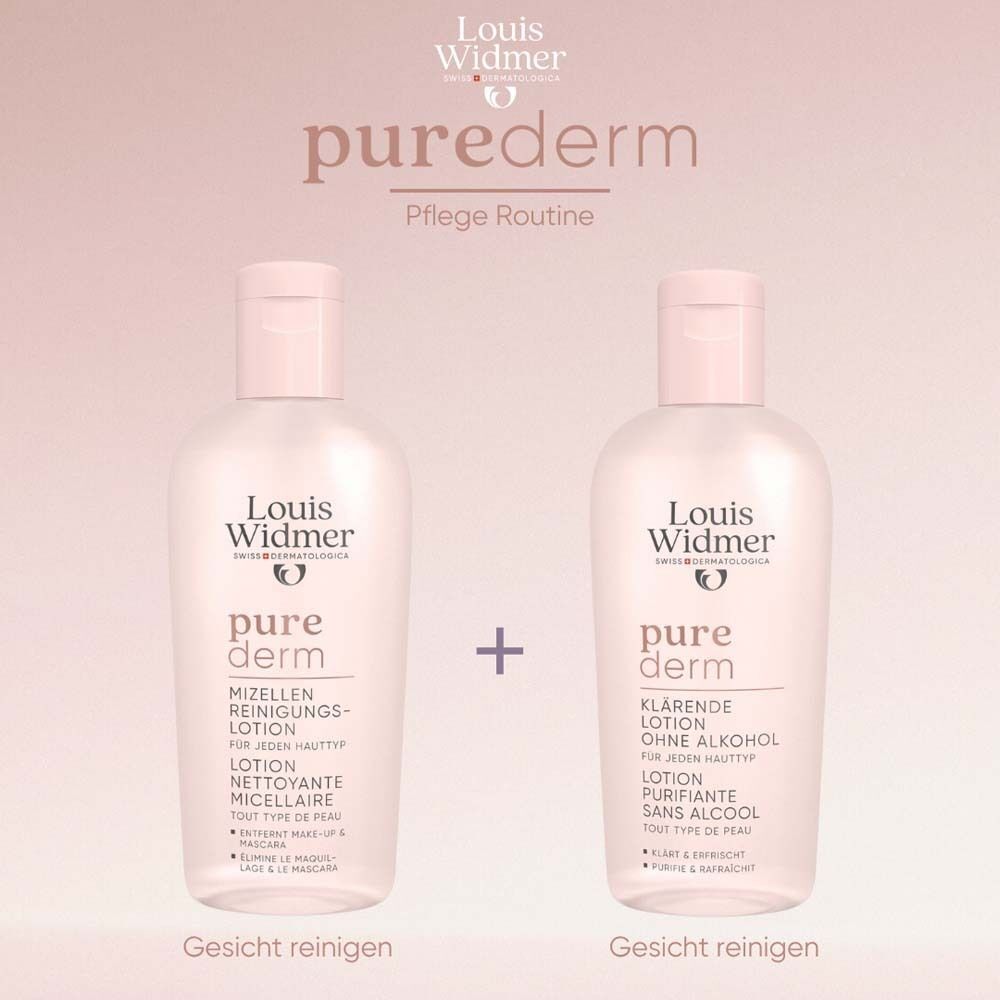 Zwei Flaschen Mizellen Reinigungslotion. Aufschrift: Louis Widmer, pure derm, Mizellen Reinigungslotion. Text: Gesicht reinigen.