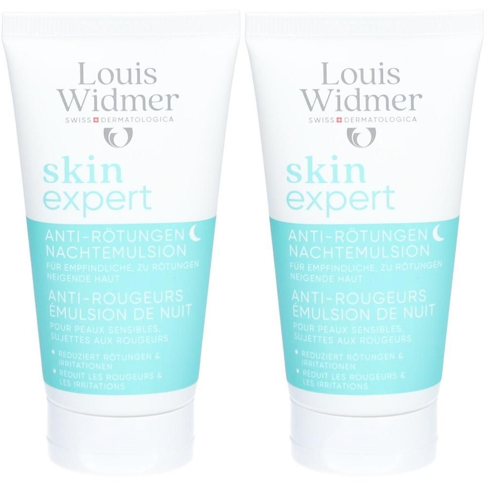 Zwei Tuben Nachtemulsion. Aufschrift: Louis Widmer skin expert ANTI-RÖTUNGEN Nachtemulsion. Weiße Tube mit türkisfarbenem Streifen.