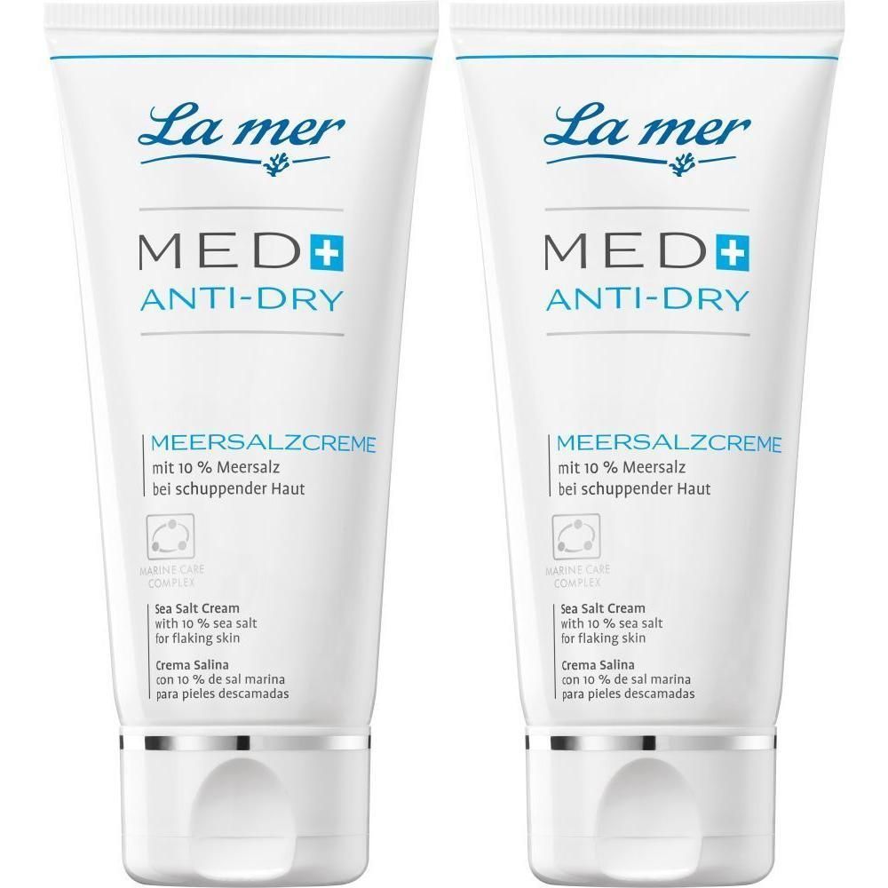Zwei Tuben La mer MED+ Anti-Dry Meersalzcreme. Weiße Tuben mit blauer Schrift. Enthält Meersalz für trockene Haut.