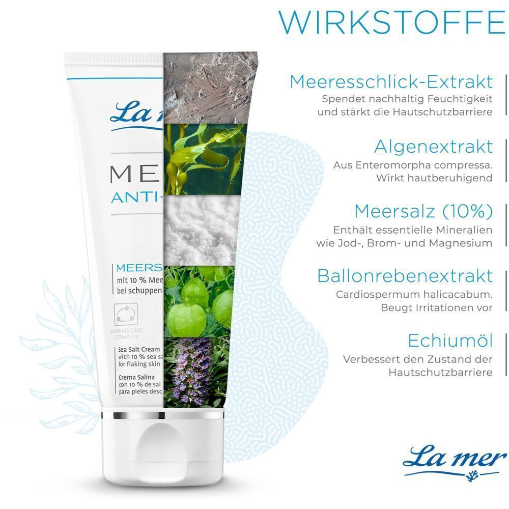La mer MED+ Anti-Dry Creme. Inhaltsstoffe: Meereschlick-Extrakt, Algenextrakt, Meersalz, Ballonrebenextrakt, Echiumöl.