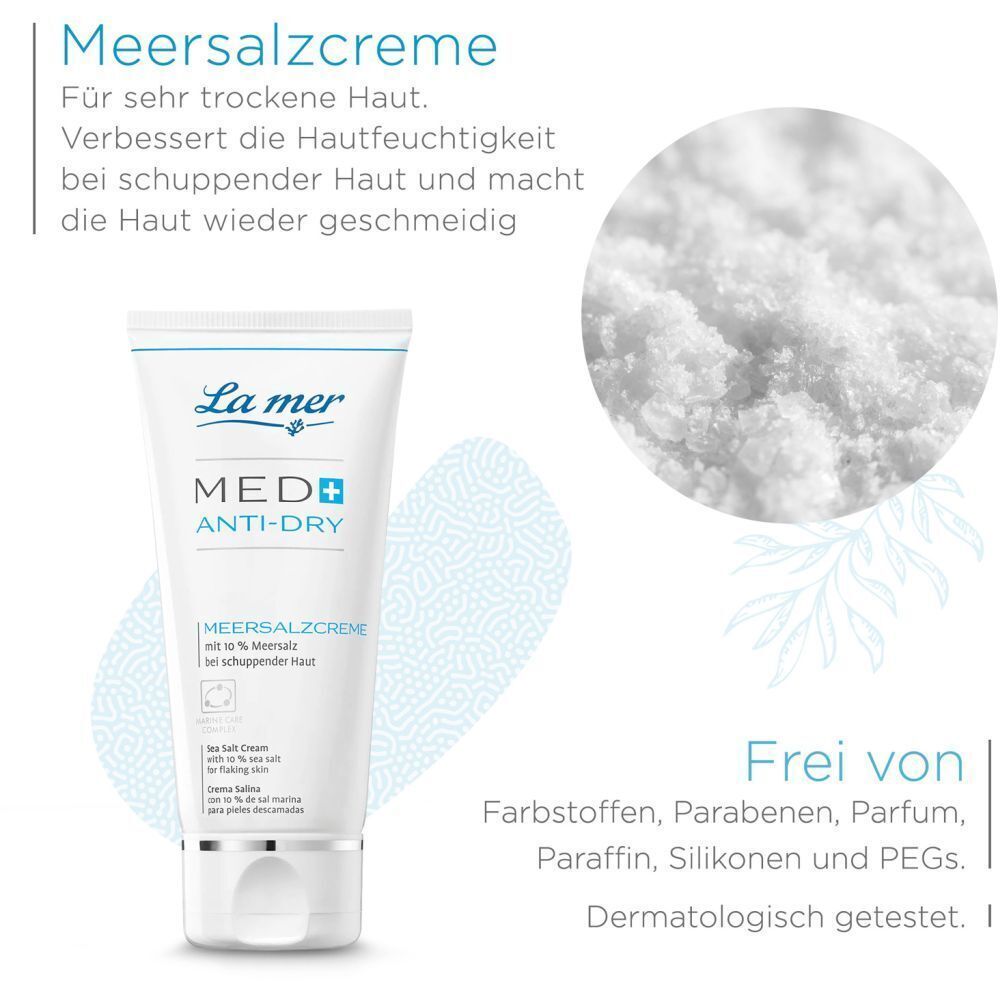 La mer MED+ Anti-Dry Meersalzcreme. Für sehr trockene Haut. Frei von Farb-, Paraffin-, Silikonen und PEG. Dermatologisch getestet.