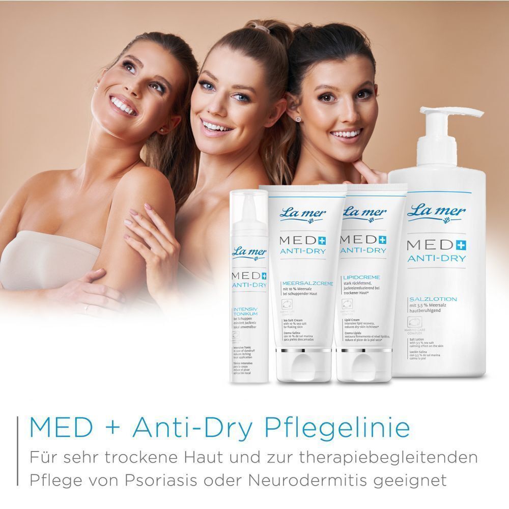 La mer MED+ Anti-Dry Pflegelinie. Produkte für trockene Haut und therapiebegleitende Pflege bei Psoriasis oder Neurodermitis.