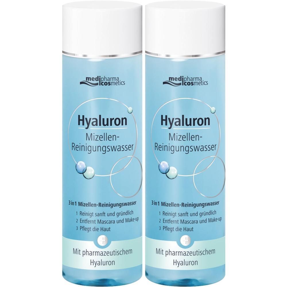 Zwei Flaschen Mizellen-Reinigungswasser. Aufschrift: Hyaluron Mizellen-Reinigungswasser. Mit pharmazeutischem Hyaluron.