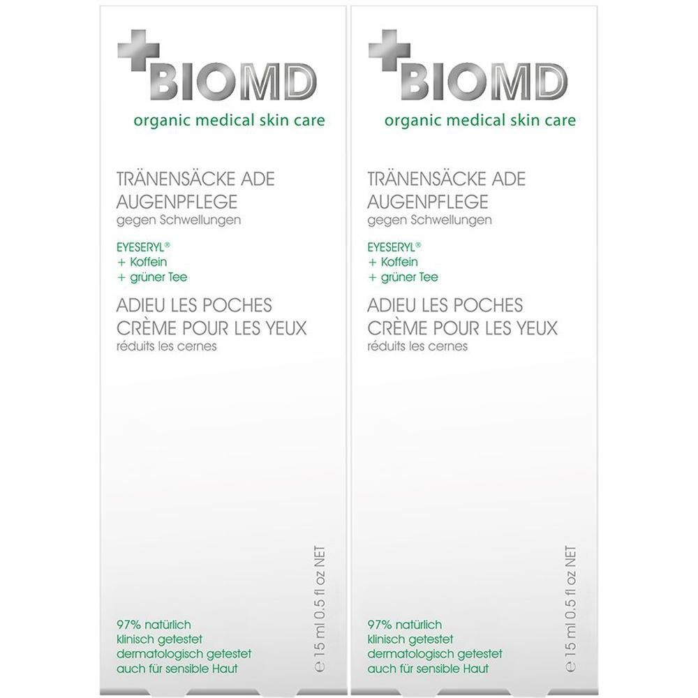 Zwei weiße Faltschachteln. Aufdruck: BIOMD, Tränensäcke ade Augenpflege, Eyeseryl + Koffein + grüner Tee. 15 ml.