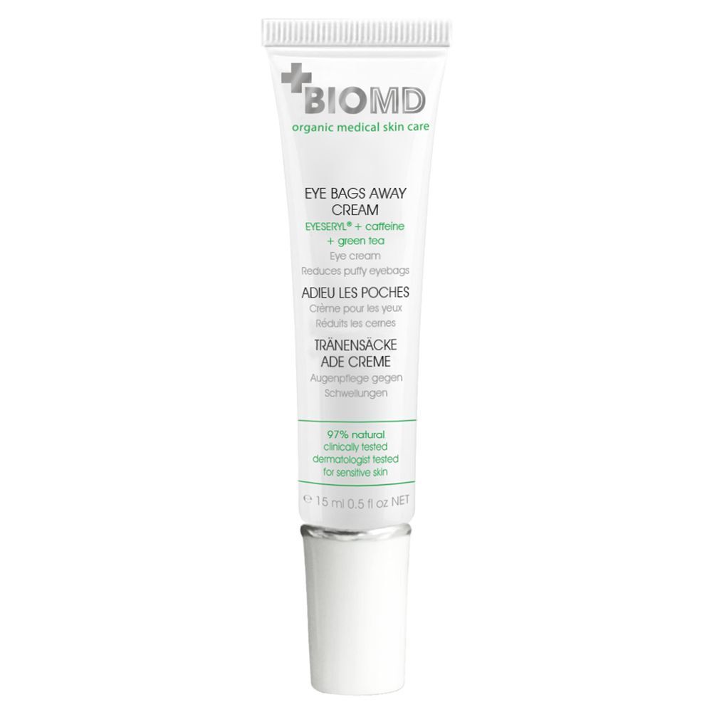 Weiße Tube mit silbernem Verschluss. Aufdruck: BIOMD, Eye Bags Away Cream, Eyeseryl + Koffein + grüner Tee. 15 ml.
