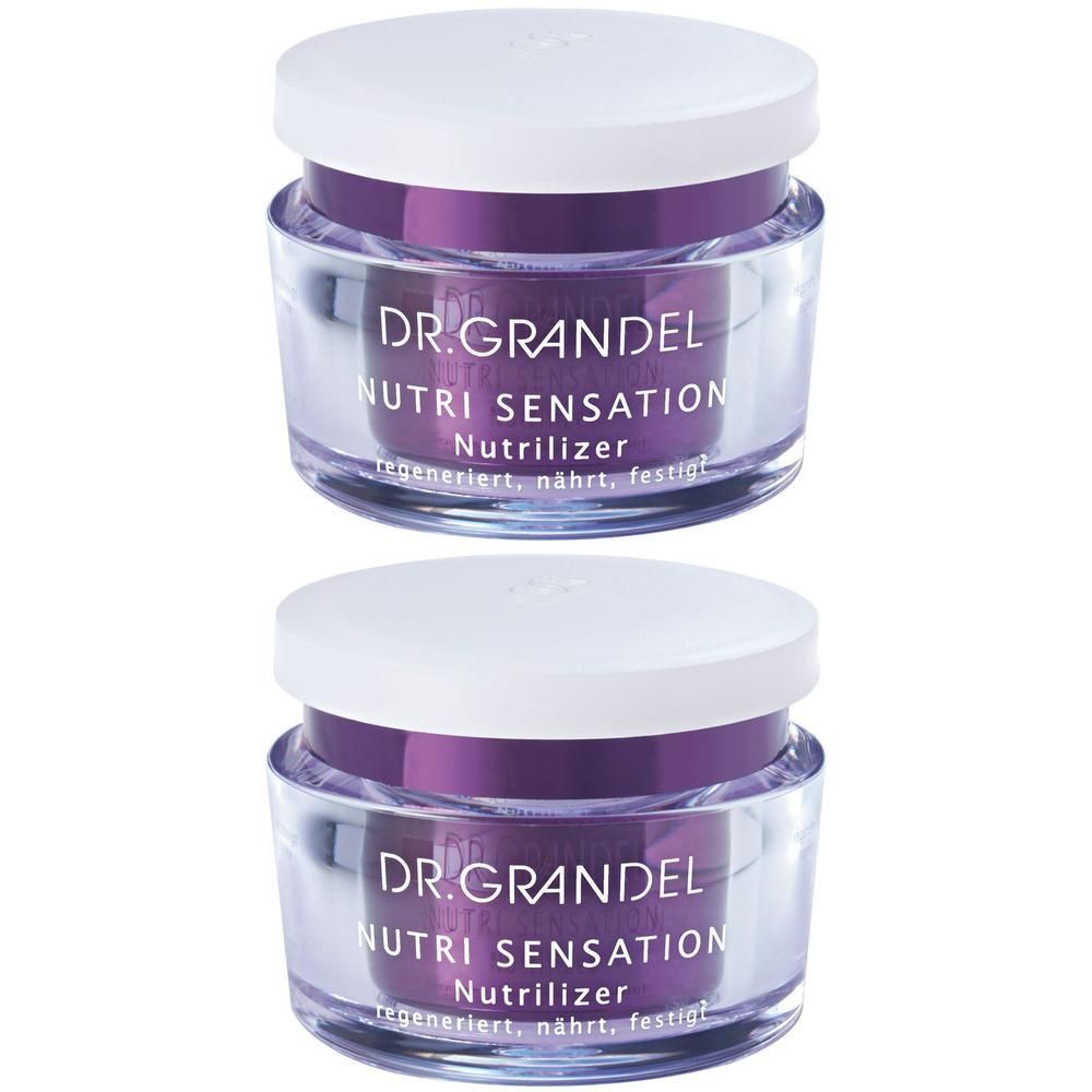 Zwei Tiegel Creme mit weißem Deckel. Auf den Tiegeln steht "DR. GRANDEL NUTRI SENSATION Nutrilizer".