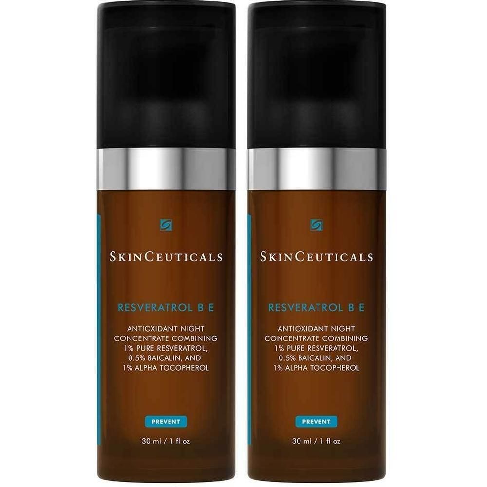 Zwei Flaschen SKINCEUTICALS Resveratrol B E. Braune Flaschen mit schwarzem Deckel. Text: Antioxidans-Nachtkonzentrat.