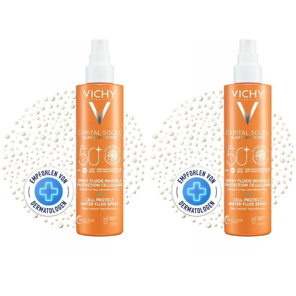 Zwei orangefarbene Sprühflaschen mit weißem Sprühkopf. Aufschrift: Vichy, Capital Soleil, LSF 50+. Dermatologisch getestet.