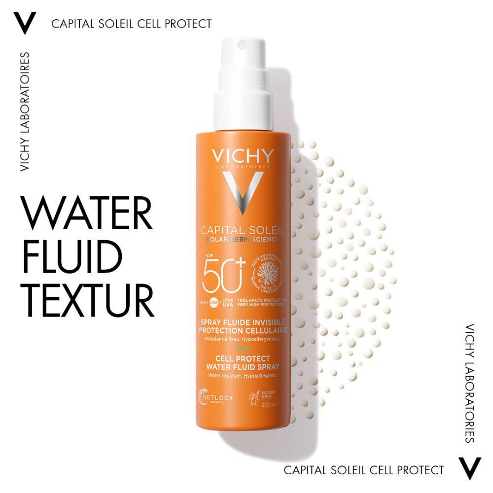 Orangefarbene Sprühflasche mit weißem Sprühkopf. Text: Vichy, Capital Soleil, LSF 50+. Water Fluid Textur.