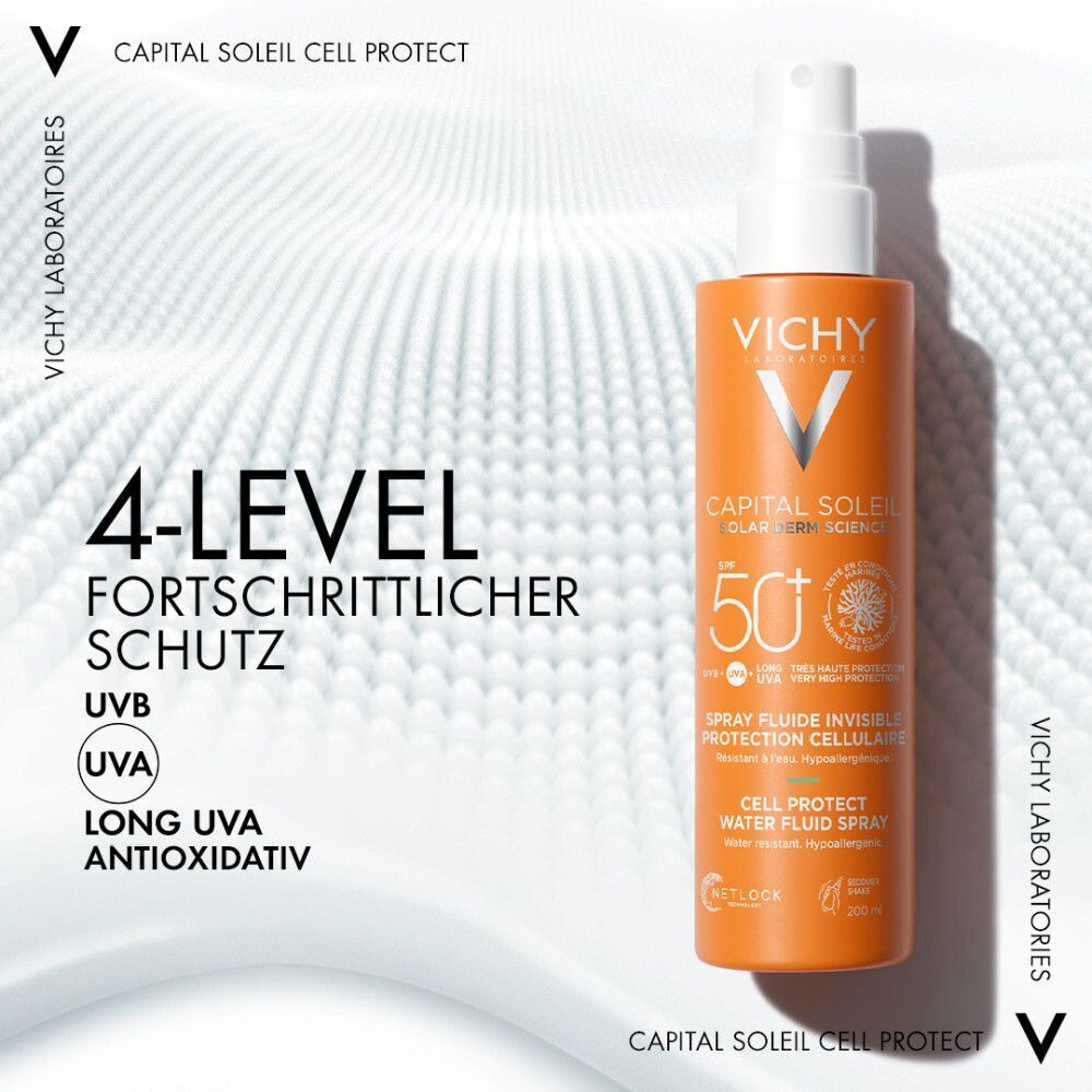 Orangefarbene Sprühflasche mit weißem Sprühkopf. Text: Vichy, Capital Soleil, LSF 50+. 4-Level fortschrittlicher Schutz.