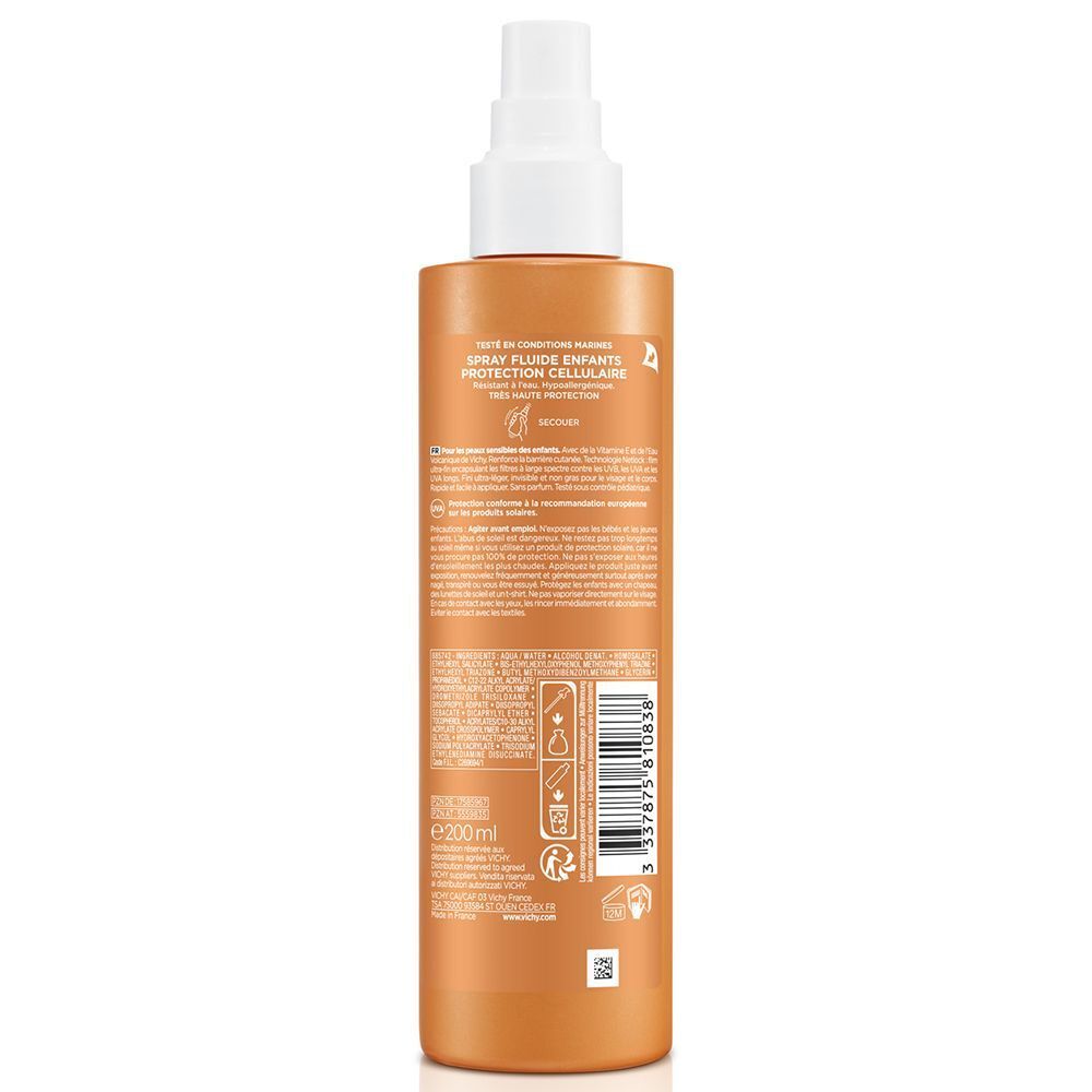 Rückseite einer orangefarbenen Sprühflasche. Text und Informationen zur Anwendung.