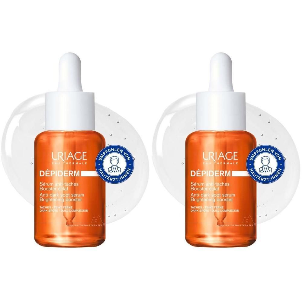 Zwei Flaschen Uriage Dépiderm Anti-Pigmentflecken Booster Serum. Orangefarbene Flüssigkeit, weißer Deckel mit Pipette. Aufkleber mit Logo und Text.