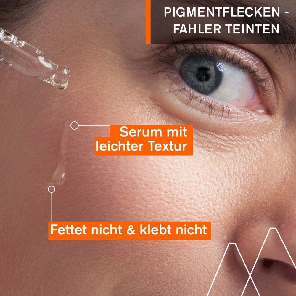 Nahaufnahme eines Auges und Haut. Text: Serum mit leichter Textur, fettet nicht & klebt nicht. Text: Pigmentflecken - fahler Teint.
