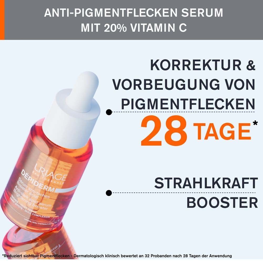 Uriage Dépiderm Serum mit Pipette. Text: Anti-Pigmentflecken Serum mit 20% Vitamin C. Korrektur & Vorbeugung von Pigmentflecken. 28 Tage.