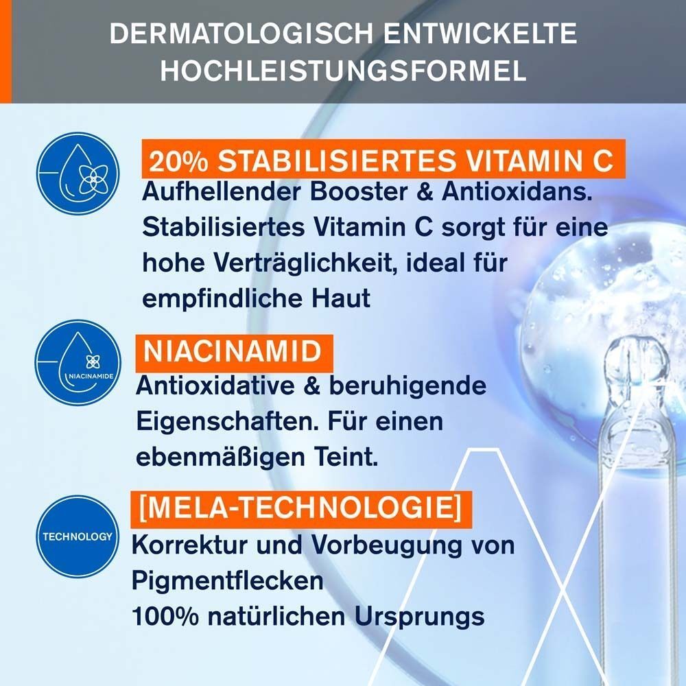 Text: Dermatologisch entwickelte Hochleistungsformel. 20% stabilisiertes Vitamin C. Niacinamid. Mela-Technologie. 100% natürlichen Ursprungs.