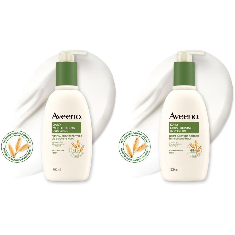 Zwei Flaschen AVEENO Daily Moisturising Bodylotion mit Pumpe. Grüne Kappe, weißer Behälter, grüne Etiketten. Mit Hafer-Logo.