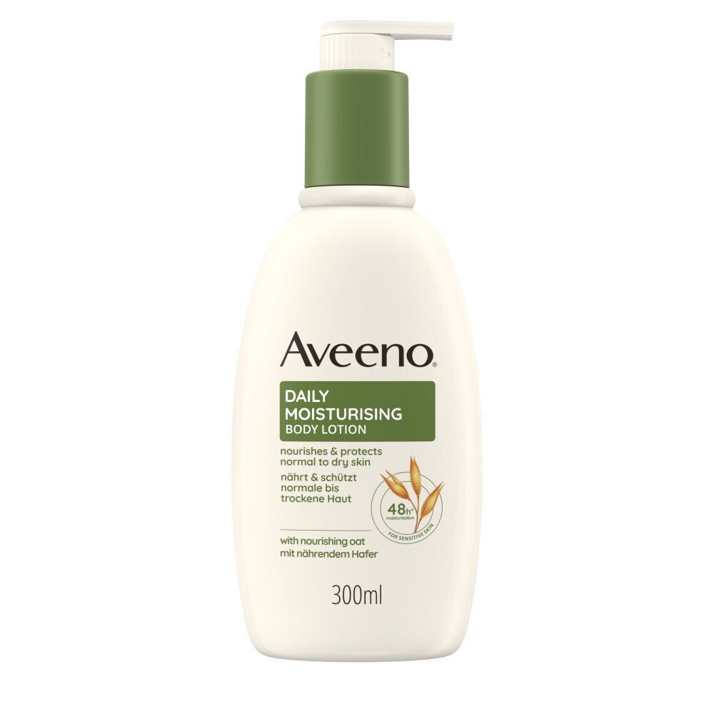 AVEENO Daily Moisturising Bodylotion Flasche. Weiße Flasche mit grüner Kappe und Etikett. Mit Pumpe. 300ml. Mit Hafer-Logo.