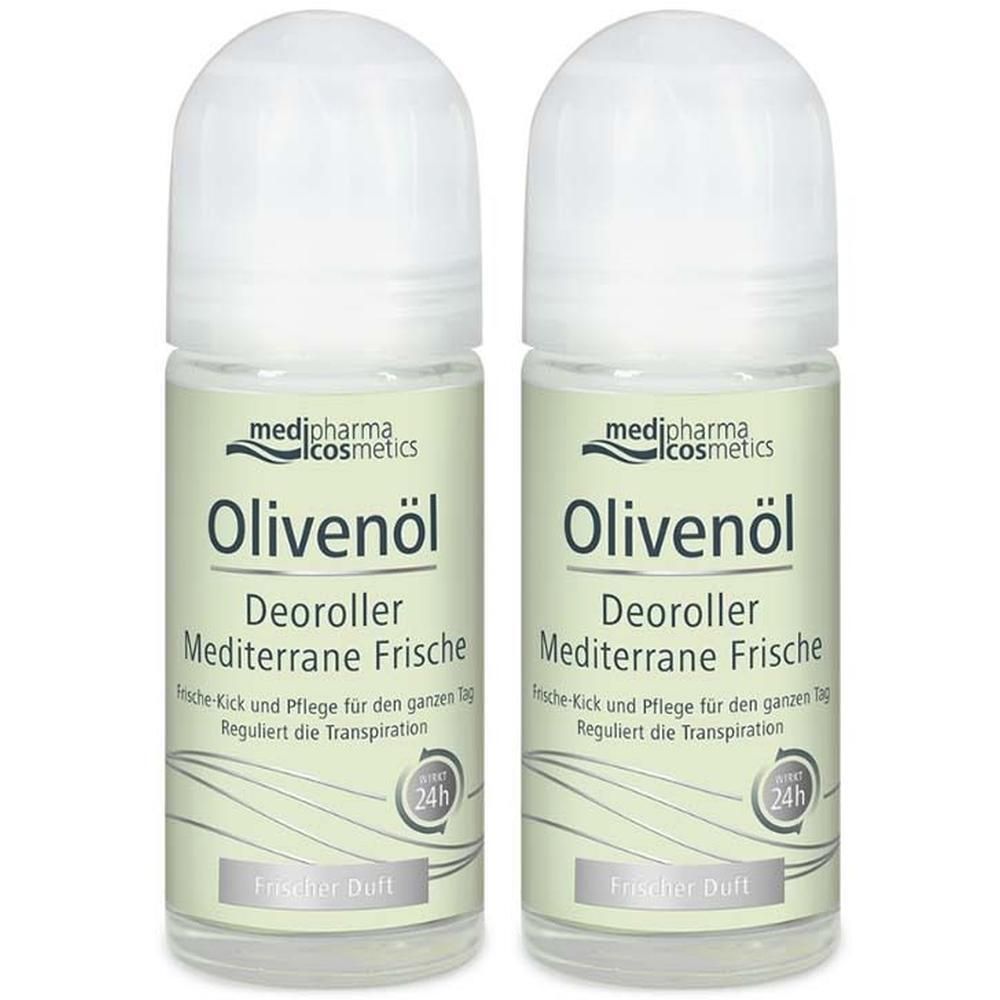 Zwei Deoroller mit weißem Deckel. Aufschrift: Olivenöl Deoroller Mediterrane Frische. Marke: medipharma cosmetics. 24h-Siegel.