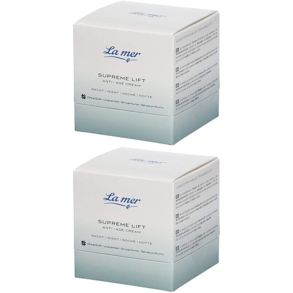 Zwei quadratische Kartons. Aufschrift: La mer, Supreme Lift Anti-Age Cream Nacht. Farbverlauf von Weiß zu Hellblau.