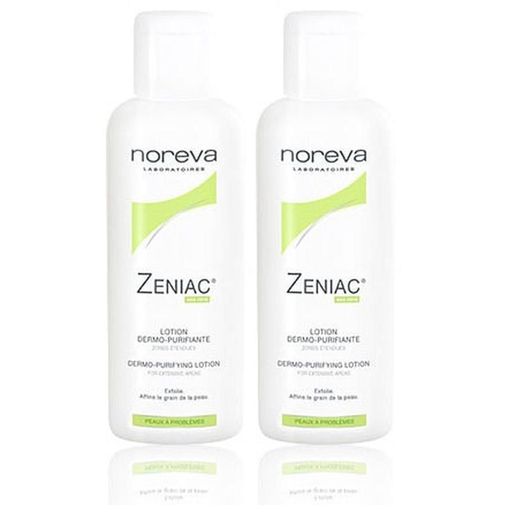 Zwei weiße Flaschen mit weißem Deckel. Aufschrift: Noreva, Zeniac, Lotion Dermo-Purifiante. Für unreine Haut.
