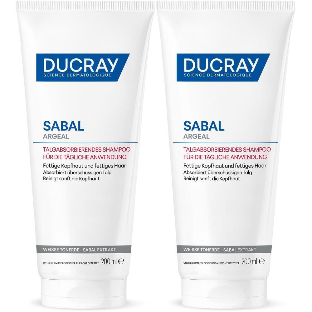Zwei weiße Tuben mit blauer Aufschrift DUCRAY. Text: SABAL ARGEAL, Talgabsorbierendes Shampoo. 200 ml. Weiße Tonerde - Sabal Extrakt.