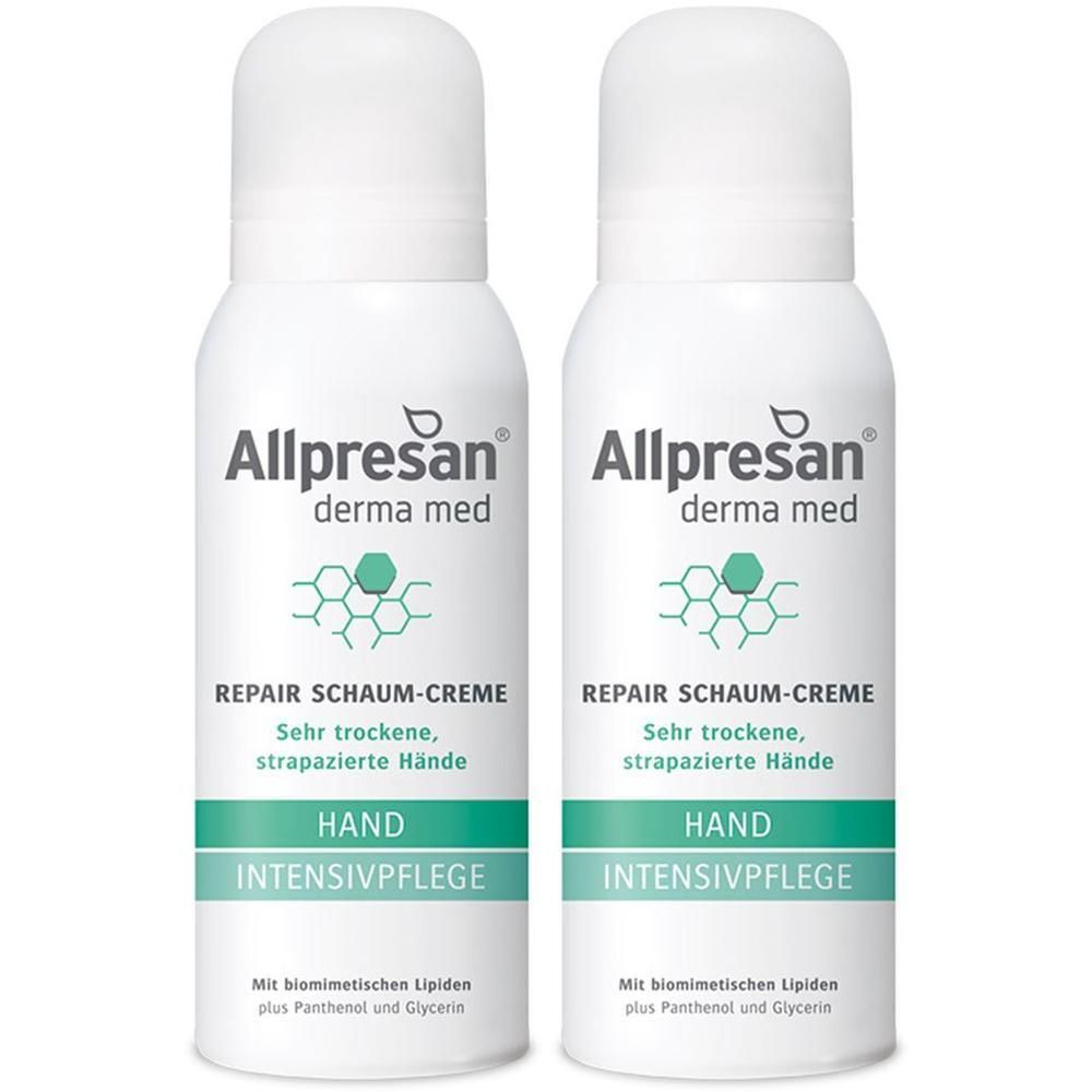 Zwei weiße Sprühdosen mit weißem Deckel. Aufschrift: Allpresan derma med, Repair Schaum-Creme, Hand Intensivpflege. Grün-weiße Etiketten.