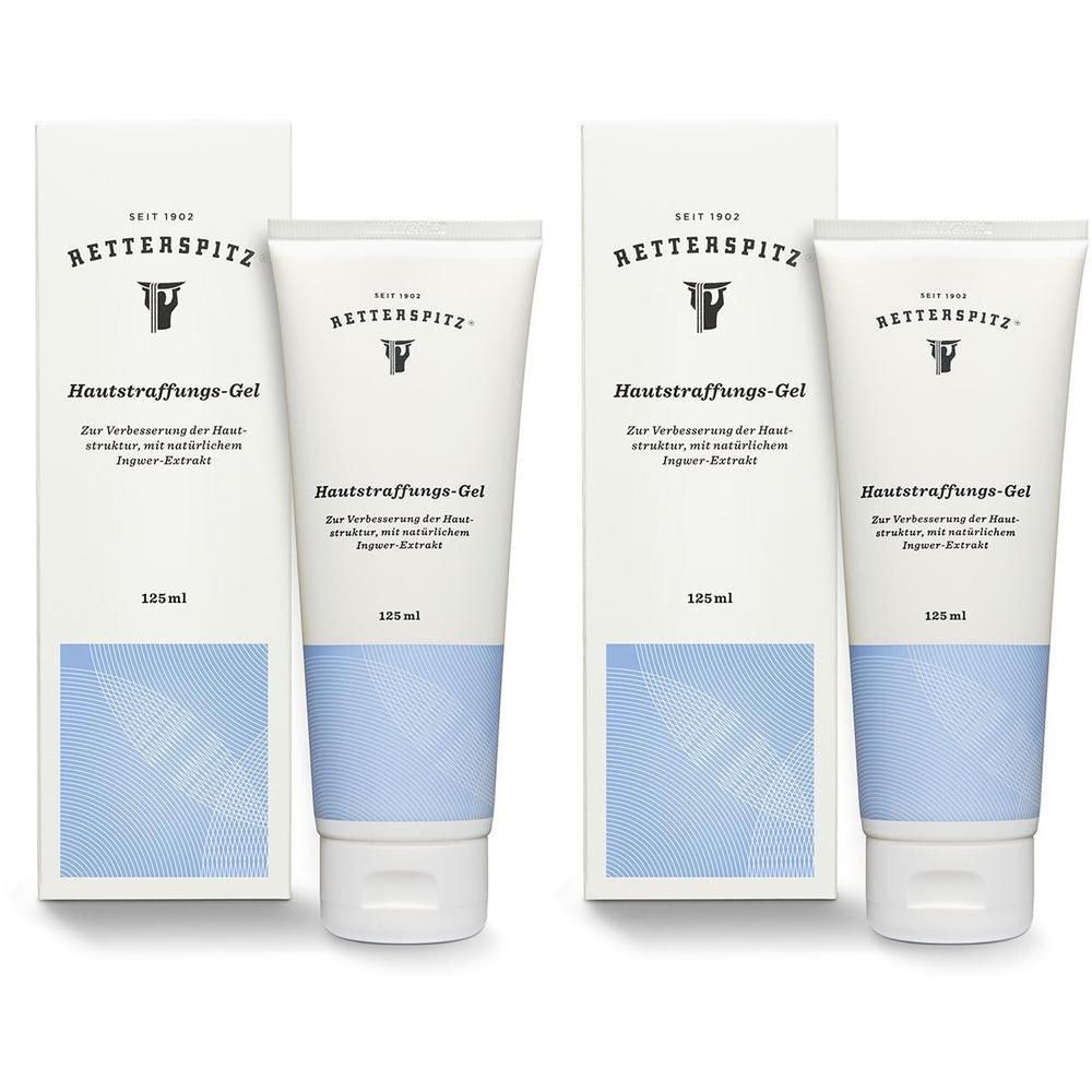 Zwei Tuben und Verpackungen. Aufschrift: RETTERSPITZ Hautstraffungs-Gel. Weiße Tuben mit blauer Schrift und Verpackung.