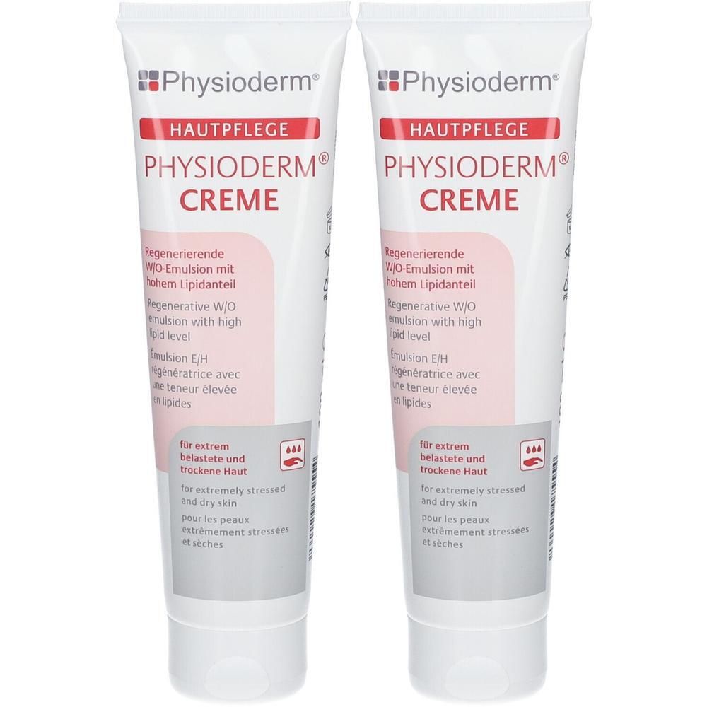 Zwei Tuben PHYSIODERM Creme. Weiße Tuben mit roter und schwarzer Schrift. Aufschrift: HAUTPFLEGE, CREME. Für extrem belastete und trockene Haut.