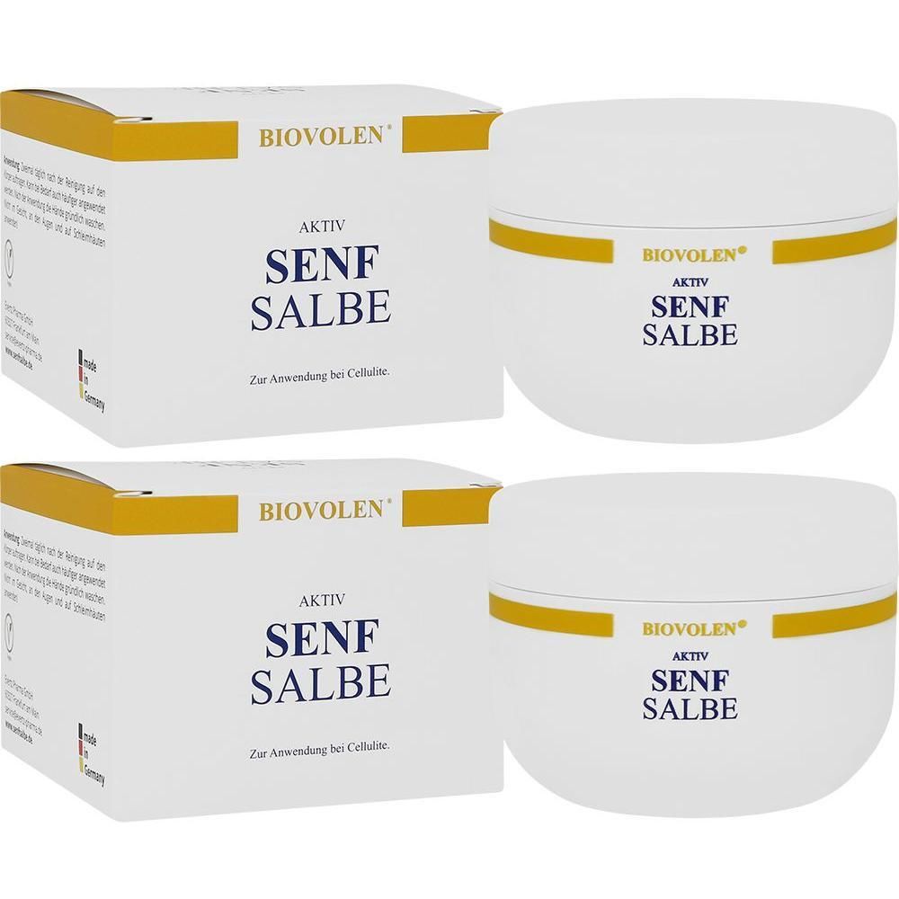 Zwei Cremetiegel und zwei Kartons. Auf den Tiegeln und Kartons steht "BIOVOLEN Aktiv Senfsalbe". Die Verpackung ist weiß mit gelben Akzenten.
