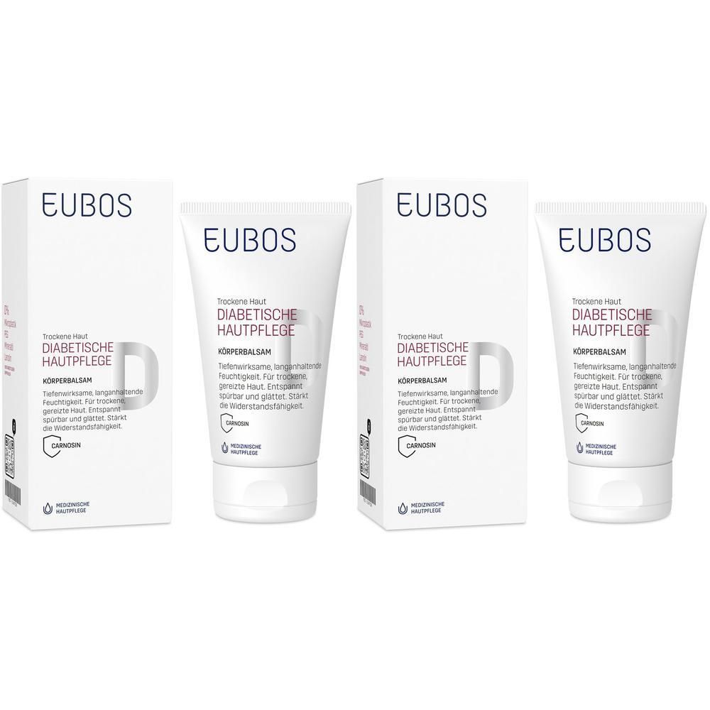 Drei Packungen und zwei Tuben EUBOS DIABETISCHE HAUT PFLEGE Körperlotion. Weiße Verpackung mit Produktinformationen.