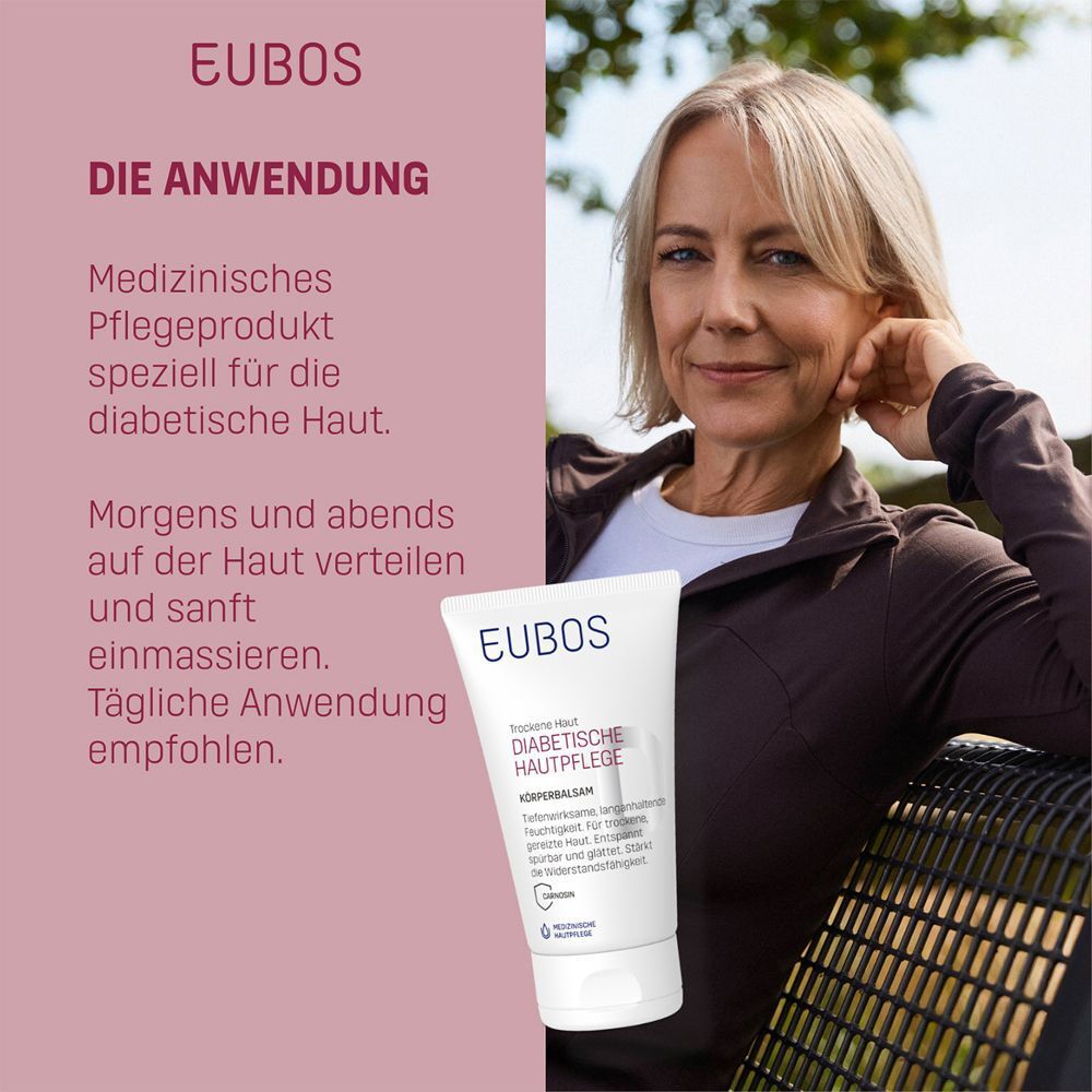 Frau mit EUBOS DIABETISCHE HAUT PFLEGE Körperbalsam. Text: Anwendung. Rosa Hintergrund.
