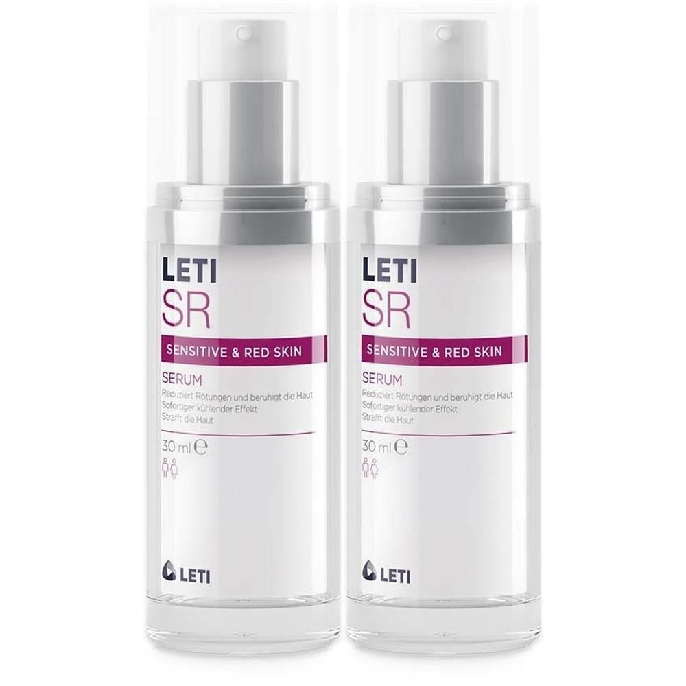 Zwei Flaschen LETI SR Serum mit Pumpverschluss. Aufschrift: SENSITIVE & RED SKIN. 30 ml.