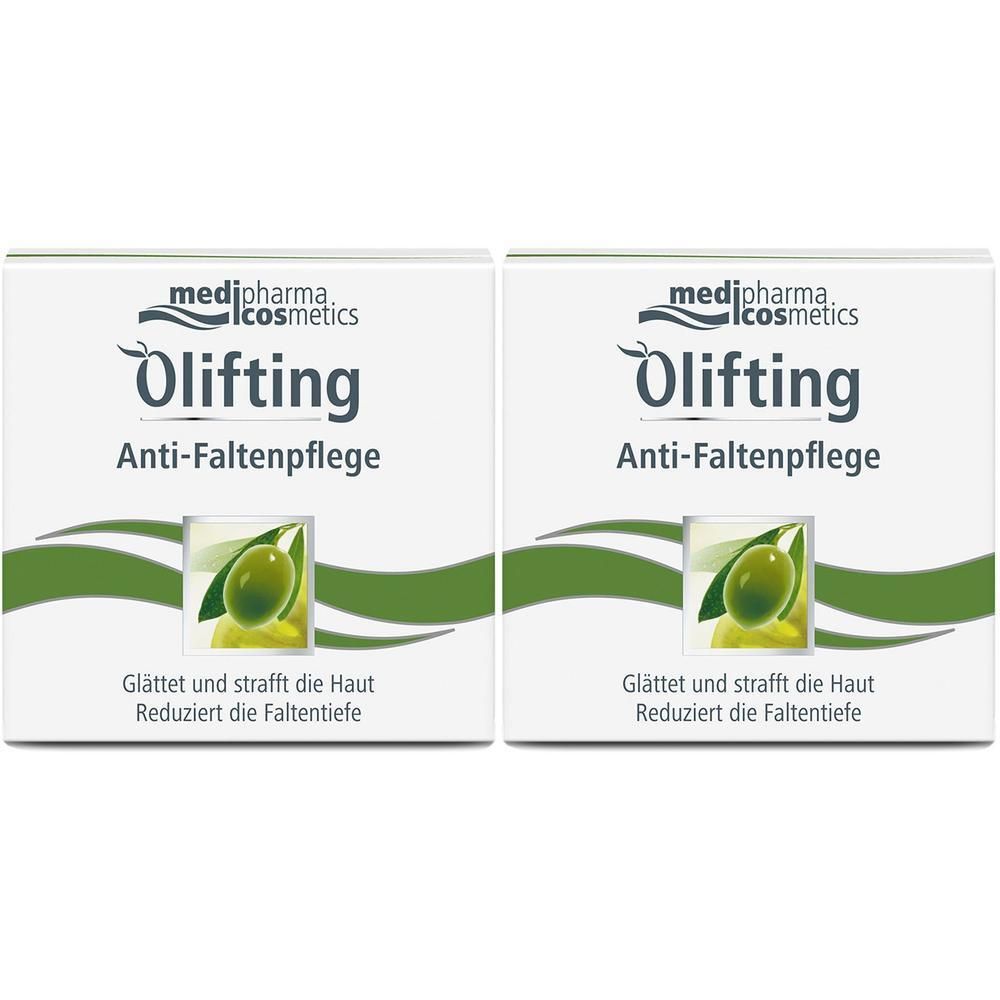 Zwei weiße Faltschachteln mit grünen Akzenten. Aufdruck: Olifting Anti-Faltenpflege, Oliven-Abbildung, Text.