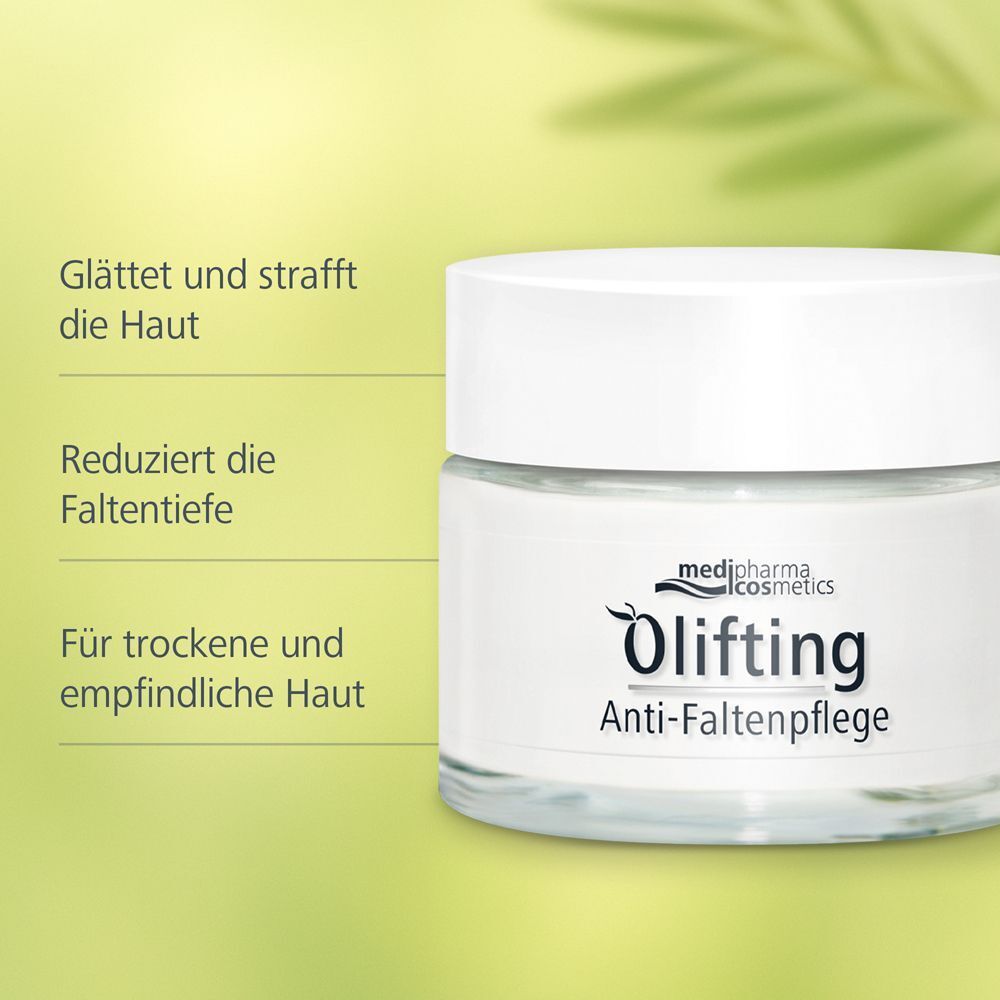 Weißes Cremetiegel mit Aufdruck: Olifting Anti-Faltenpflege. Text: Glättet und strafft die Haut, etc. Grüner Hintergrund.