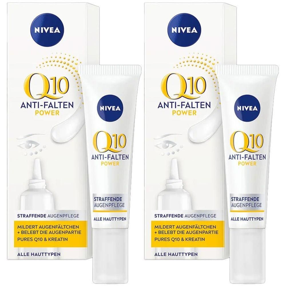Zwei Tuben Augenpflege mit Verpackung. Aufschrift: NIVEA Q10 Power Anti-Falten. Weiße Tube, blauer Deckel. Gelbe und blaue Akzente.