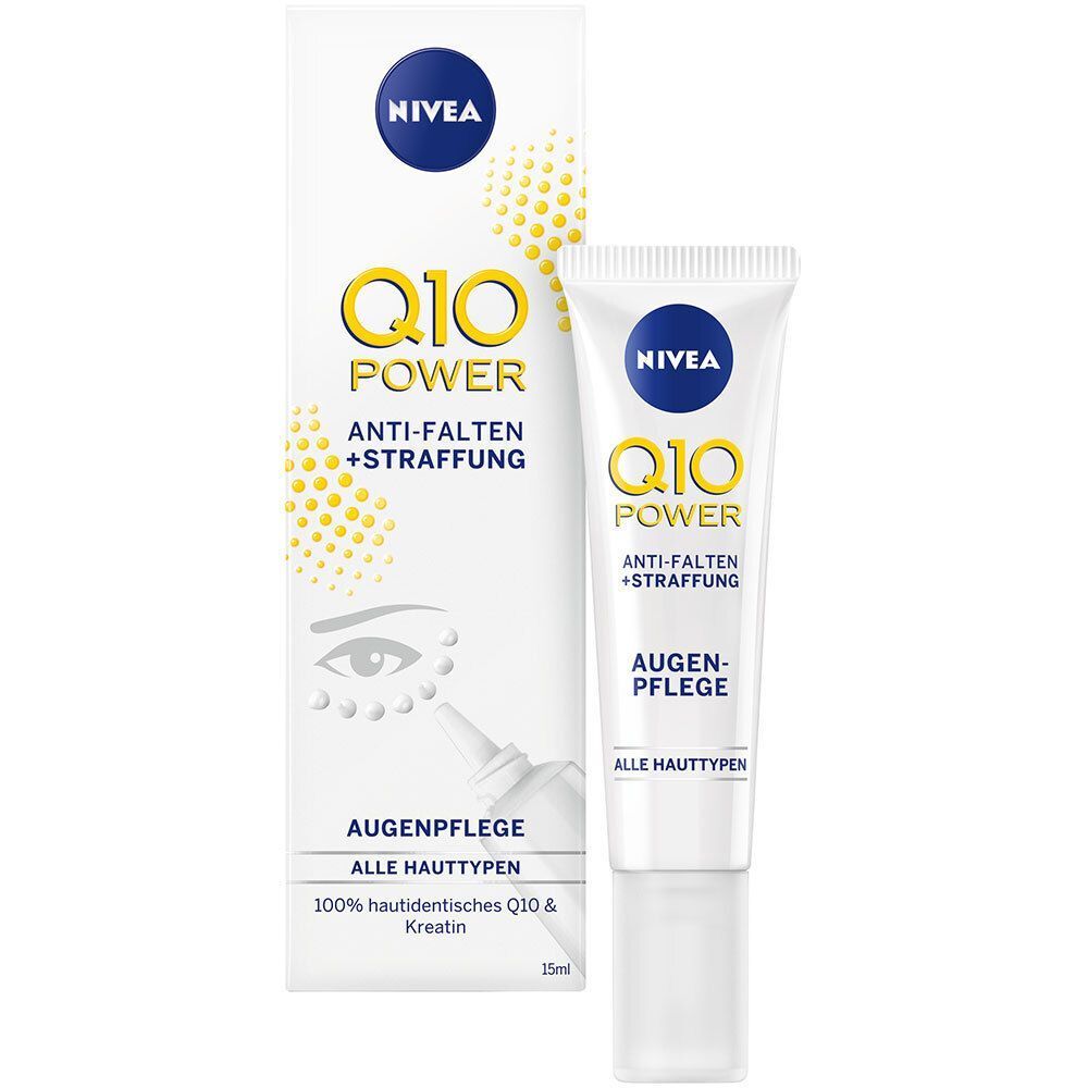 Augenpflege-Tube und Verpackung. Aufschrift: NIVEA Q10 Power Anti-Falten. Weiße Tube, blauer Deckel. Weiße Verpackung mit gelben Punkten.