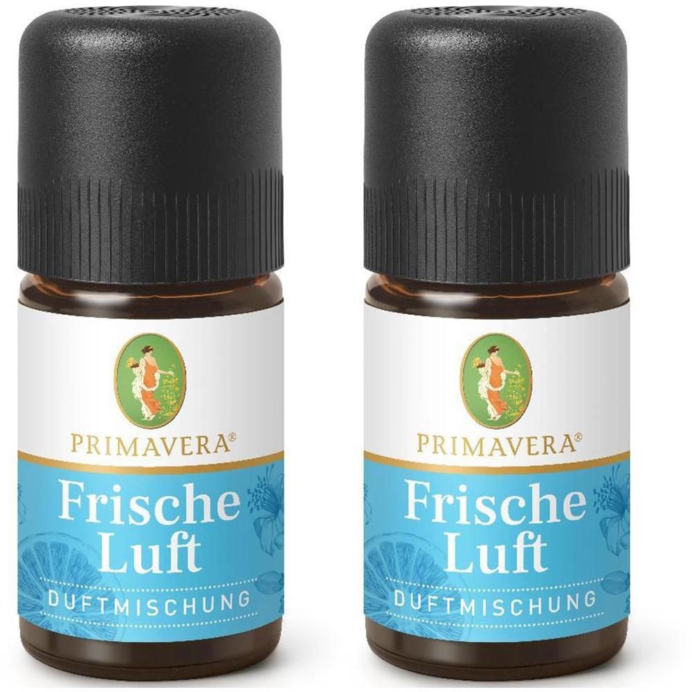 Zwei kleine Glasflaschen mit schwarzem Deckel. Aufschrift: Frische Luft Duftmischung. Marke: Primavera.
